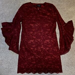 Lined Burgundy Lace Long Frilly Sleeve Midi Dress by Laundry by Shelli Segal